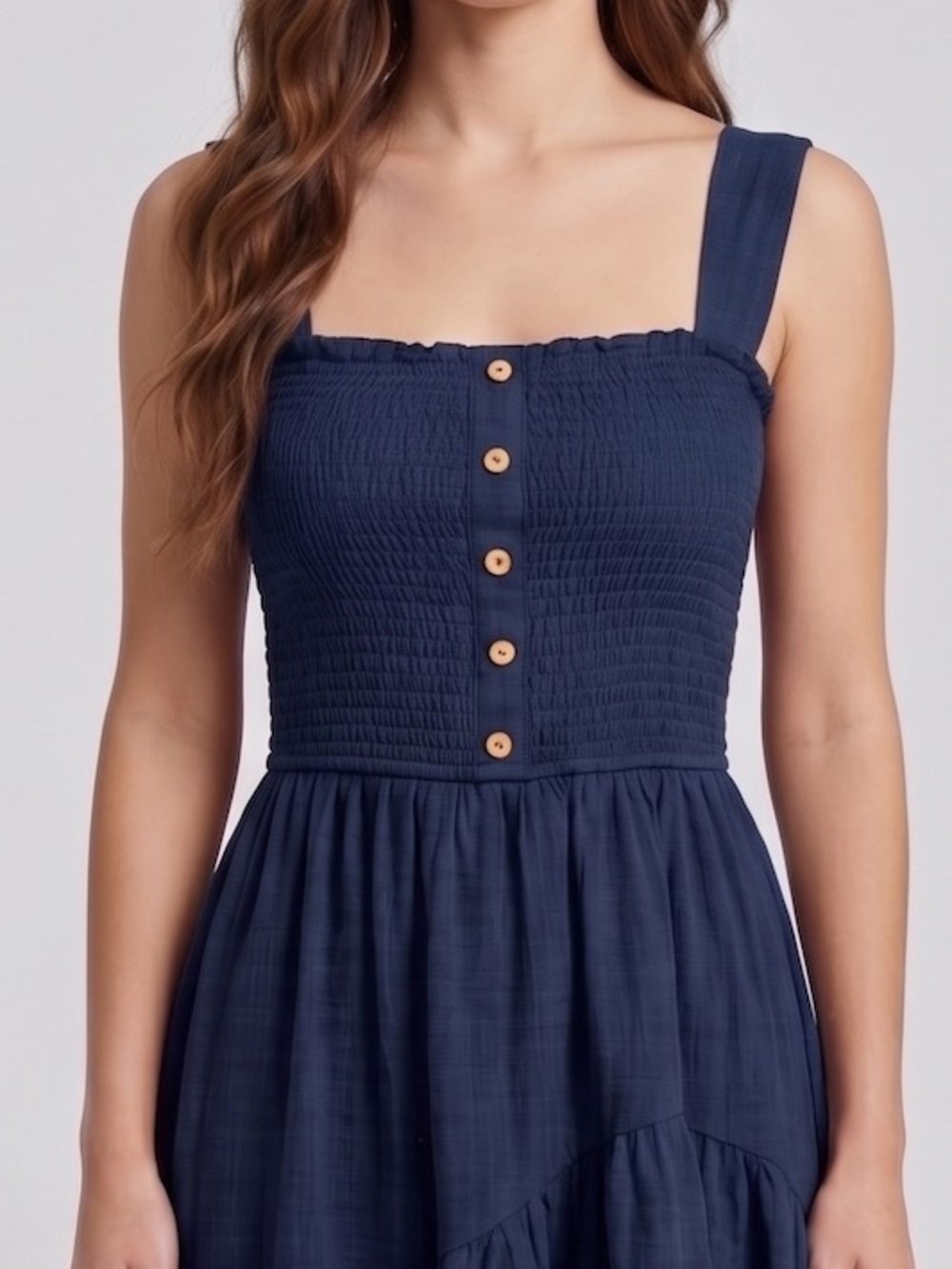 Strapless Smocked High-Low Maxi Dress with Buttons Navy - Picture 7 of 9
